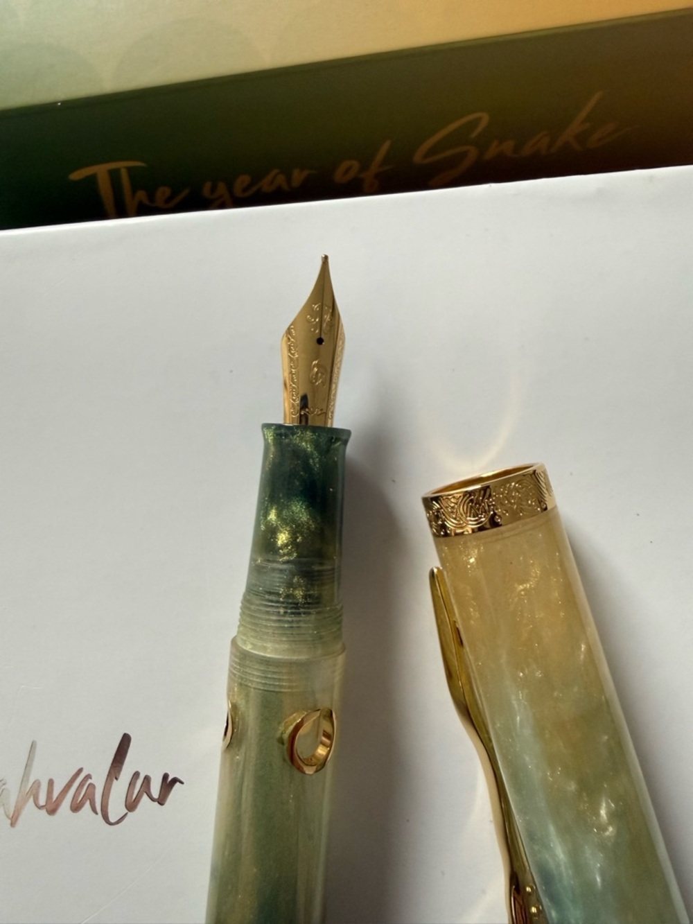 Green Marble Fountain Pen with Gold Trim - Picture 2 of 6